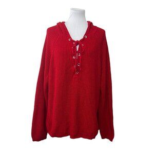 FOREVER 21 Plus 3X Red Knit Hooded Sweater Lace Up Front Hoodie